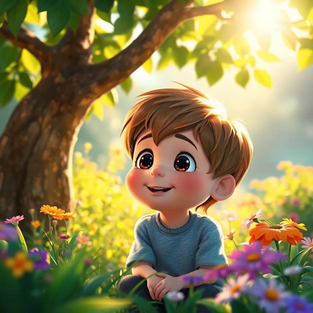 Colin, a shy boy, with light brown hair and wide eyes, sitting under a tree in the garden, looking amazed and happy as he sees the flowers around him, sunlight filtering through leaves, digital art, warm colors, joyful atmosphere, child-friendly