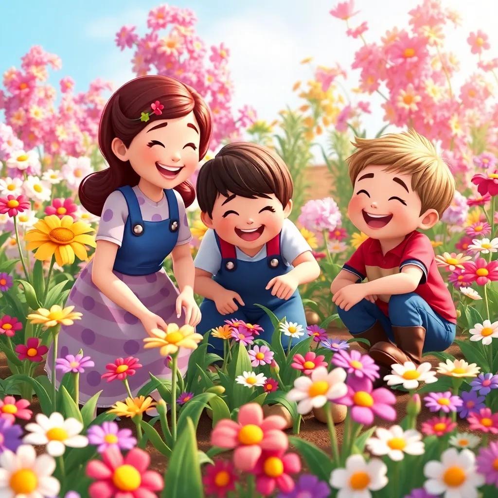 Mary, Dickon, and Colin joyfully tending to the blossoming garden together, surrounded by colors and laughter, flowers blooming in many shades, illustration, fun and cheerful, a scene of teamwork and happiness, child-friendly