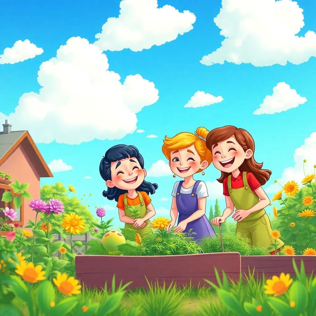 The three friends laughing as they work in the garden under a bright blue sky filled with fluffy clouds, the garden vibrant and alive, illustration, bright colors, a scene that captures joy, child-friendly