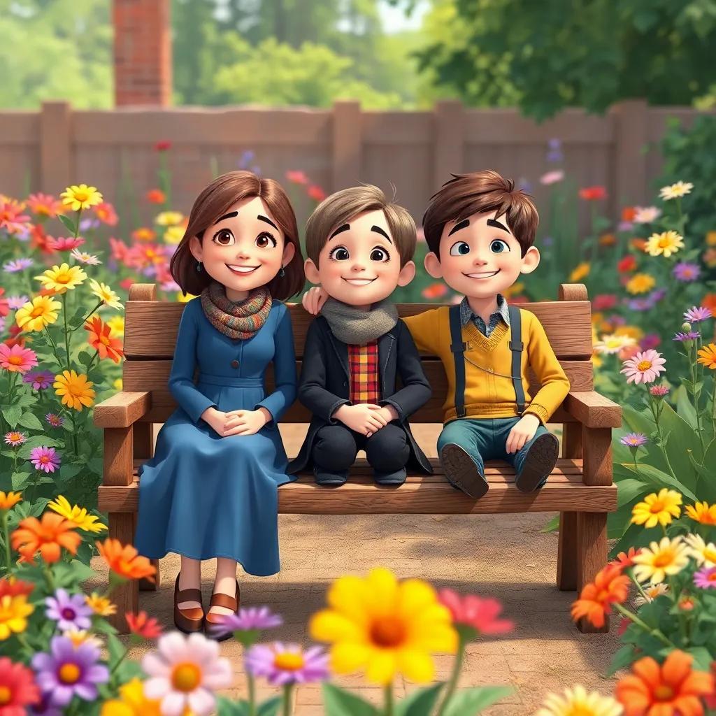 Mary, Dickon, and Colin resting on a wooden bench in the middle of their garden, smiles on their faces, flowers all around them bursting with color, illustration, peaceful atmosphere, an expression of satisfaction and happiness, child-friendly