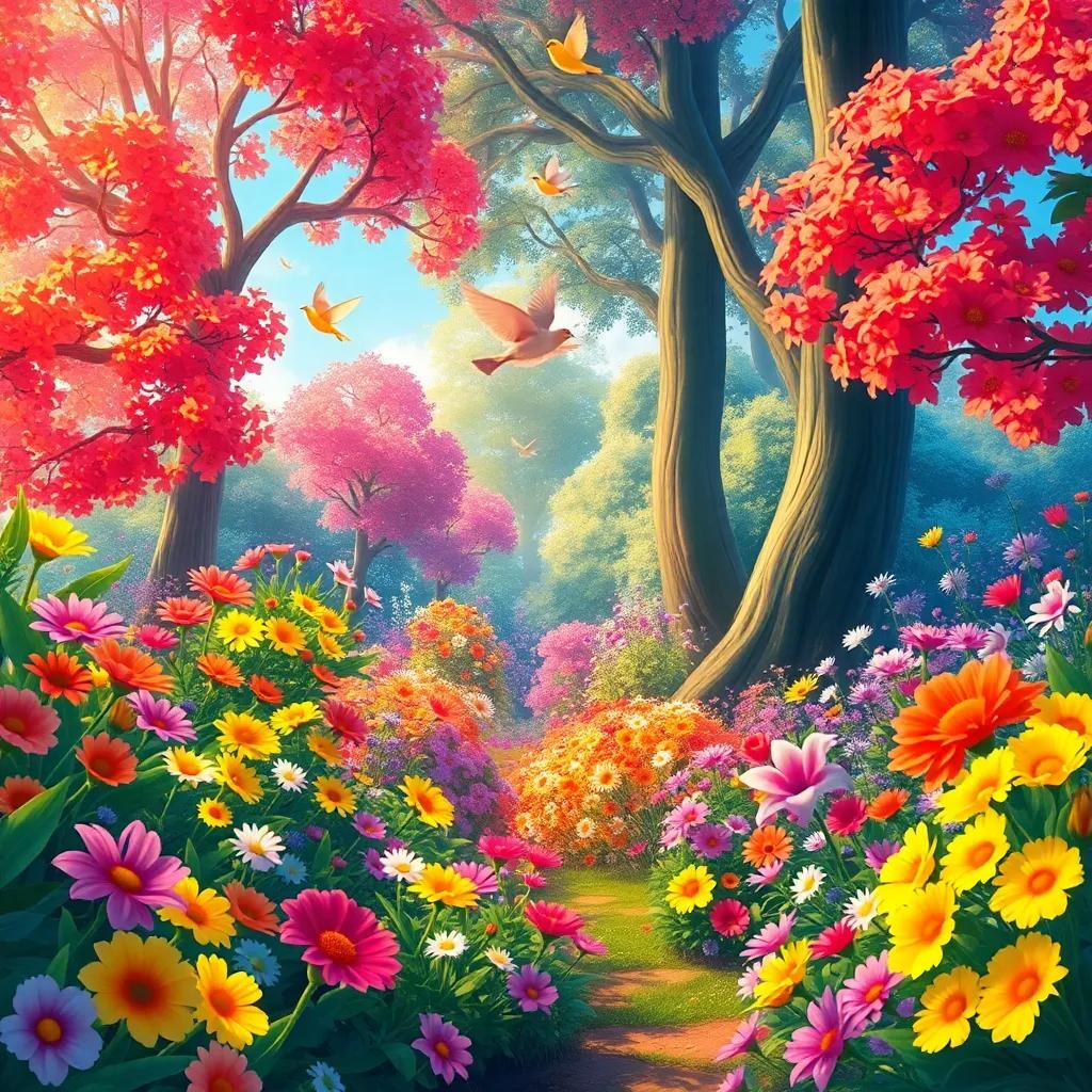 The secret garden in full bloom, a magical and colorful space with bright flowers, tall trees, and joyful birds singing above, digital painting, vibrant, filled with life and joy, a celebration of nature's beauty