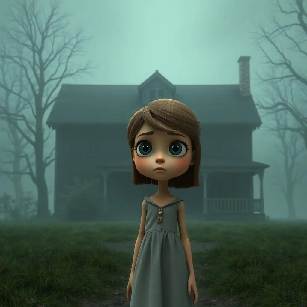 A sad girl named Mary with gray eyes, wearing a simple dress, standing alone in a big, old house surrounded by misty nature, digital art, moody colors, lonely atmosphere, high quality