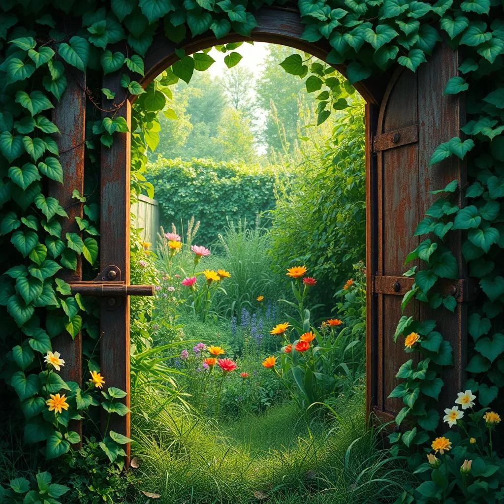 A rusty gate covered in vines, opening into a beautiful hidden garden that is overgrown and wild, bright flowers peeking through the tangled weeds, vibrant colors, magical ambiance, high quality
