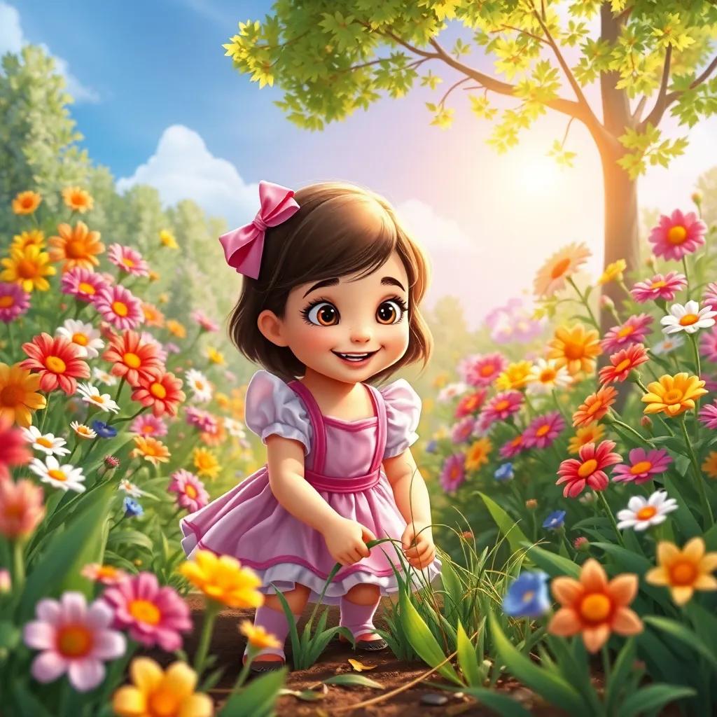 Mary, a little girl, pulling out weeds in an enchanting garden, colorful flowers blooming, the sun shining bright above, cheerful atmosphere, digital painting, lively colors, high quality