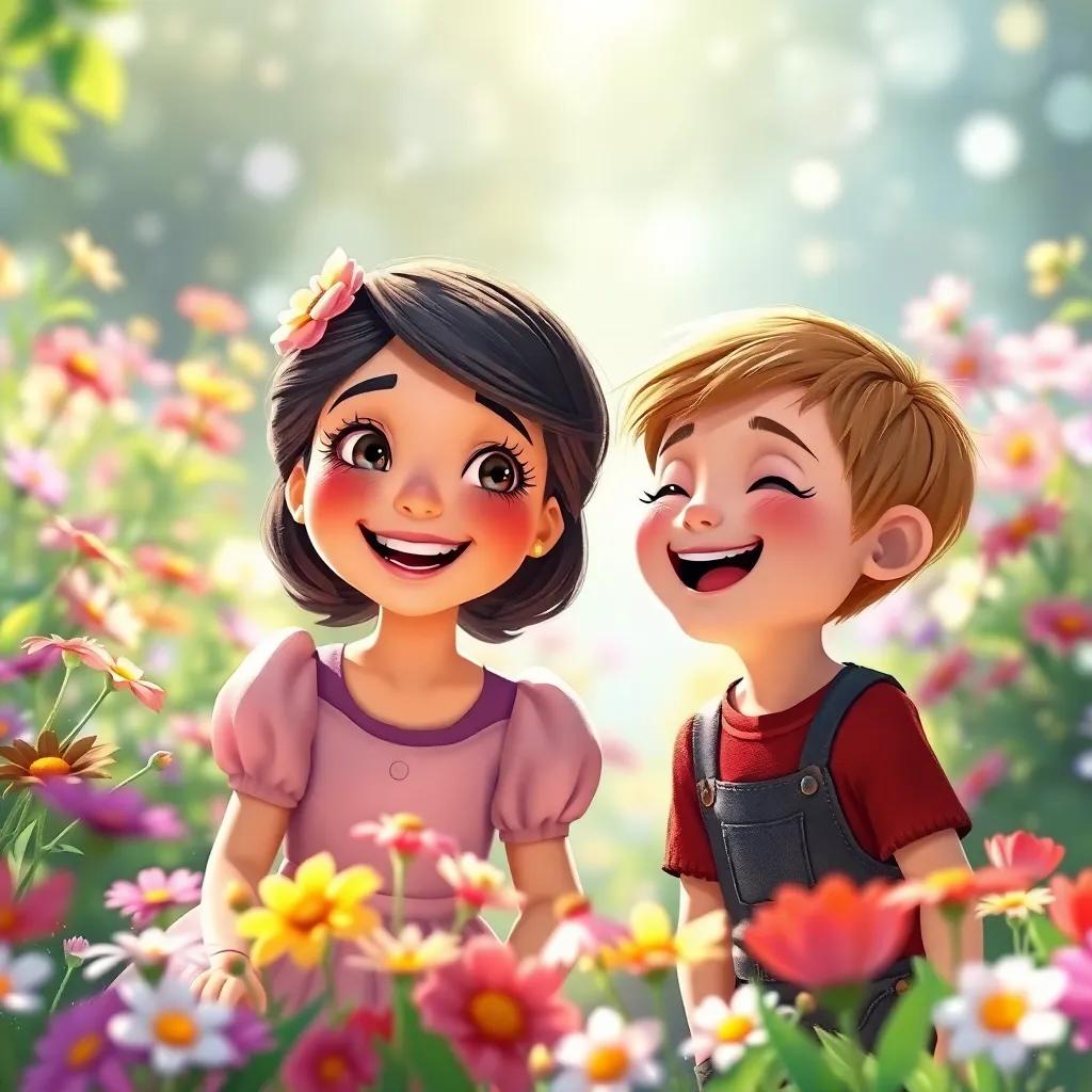 Mary and her friend Dickon, a boy with shining eyes and a gentle smile, laughing and singing together in the sparkling garden filled with flowers, joyful and vibrant, high quality