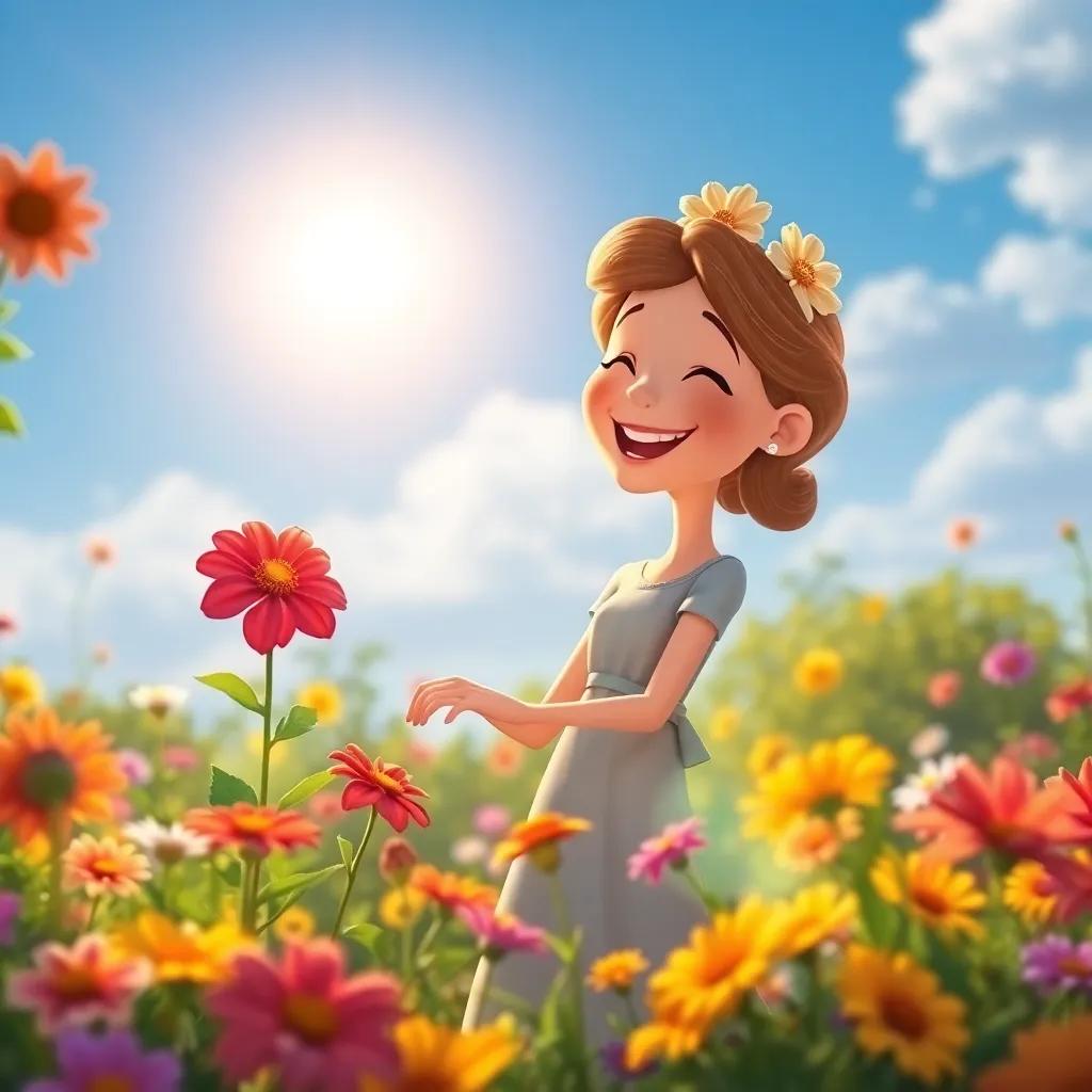 A heartwarming scene of Mary feeling happiness in the garden, flowers around her, the sun shining brightly, the air filled with joy and laughter, colorful and uplifting, vivid details, high quality