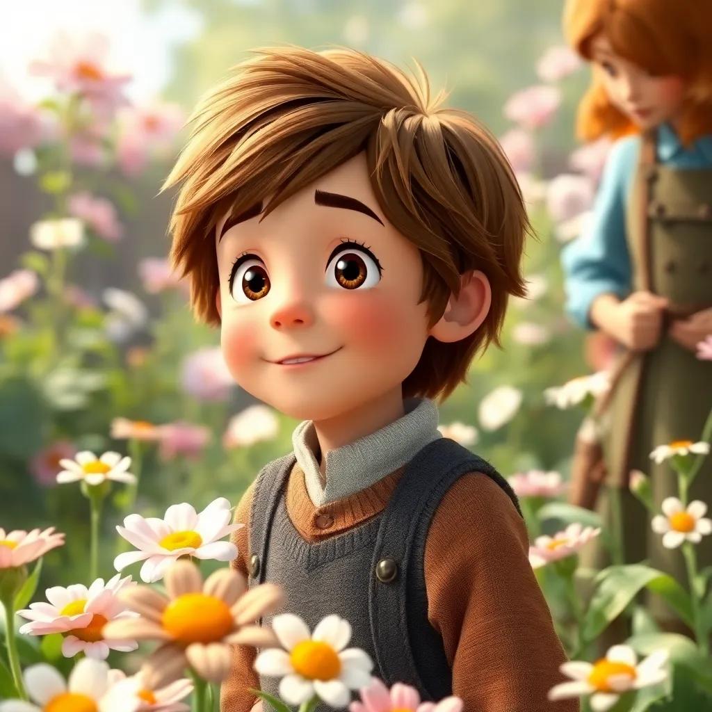 Colin, a shy boy with brown hair, joining Mary and Dickon in the garden, looking amazed by the beauty around him, surrounded by blooming flowers, heartwarming expression, high quality
