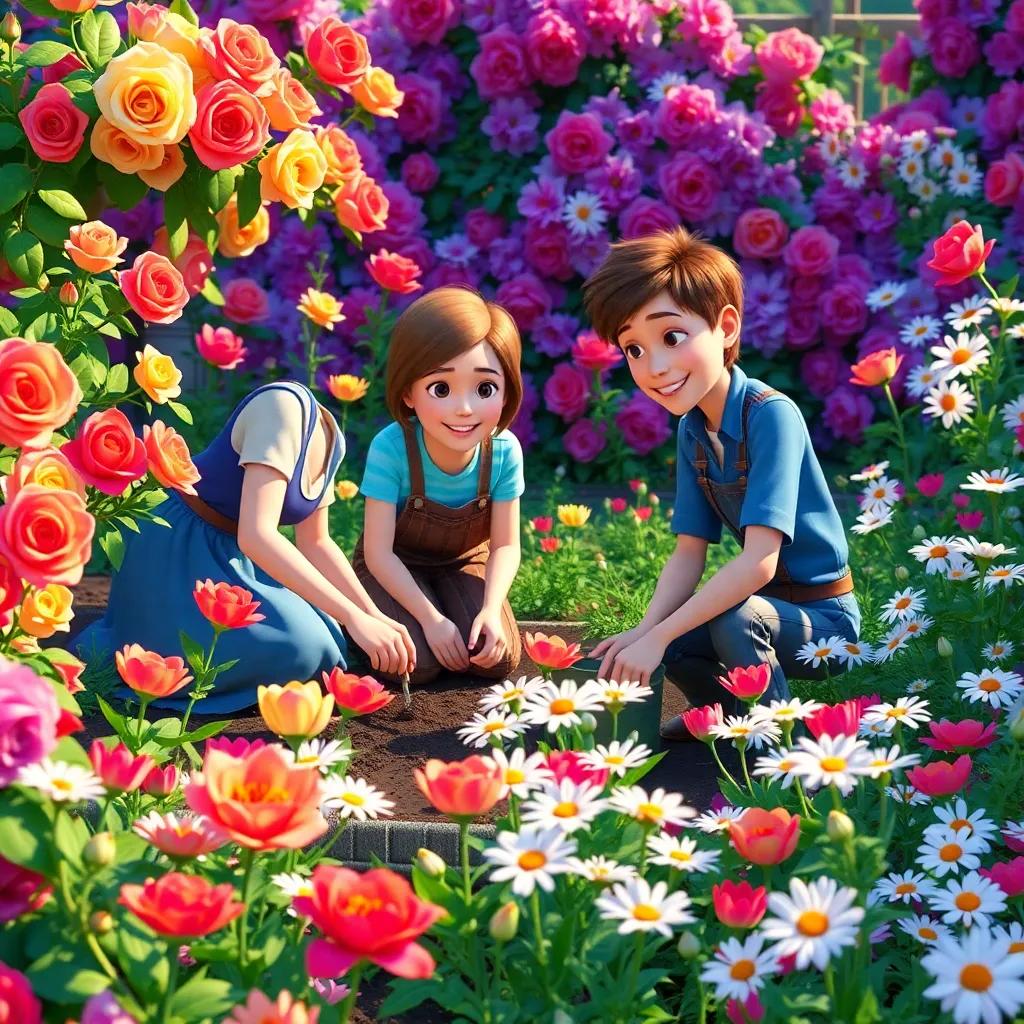 The vibrant garden full of blooming roses, tulips, and daisies, with Mary, Dickon, and Colin working together, planting seeds and sharing laughter, colorful and flourishing, high quality