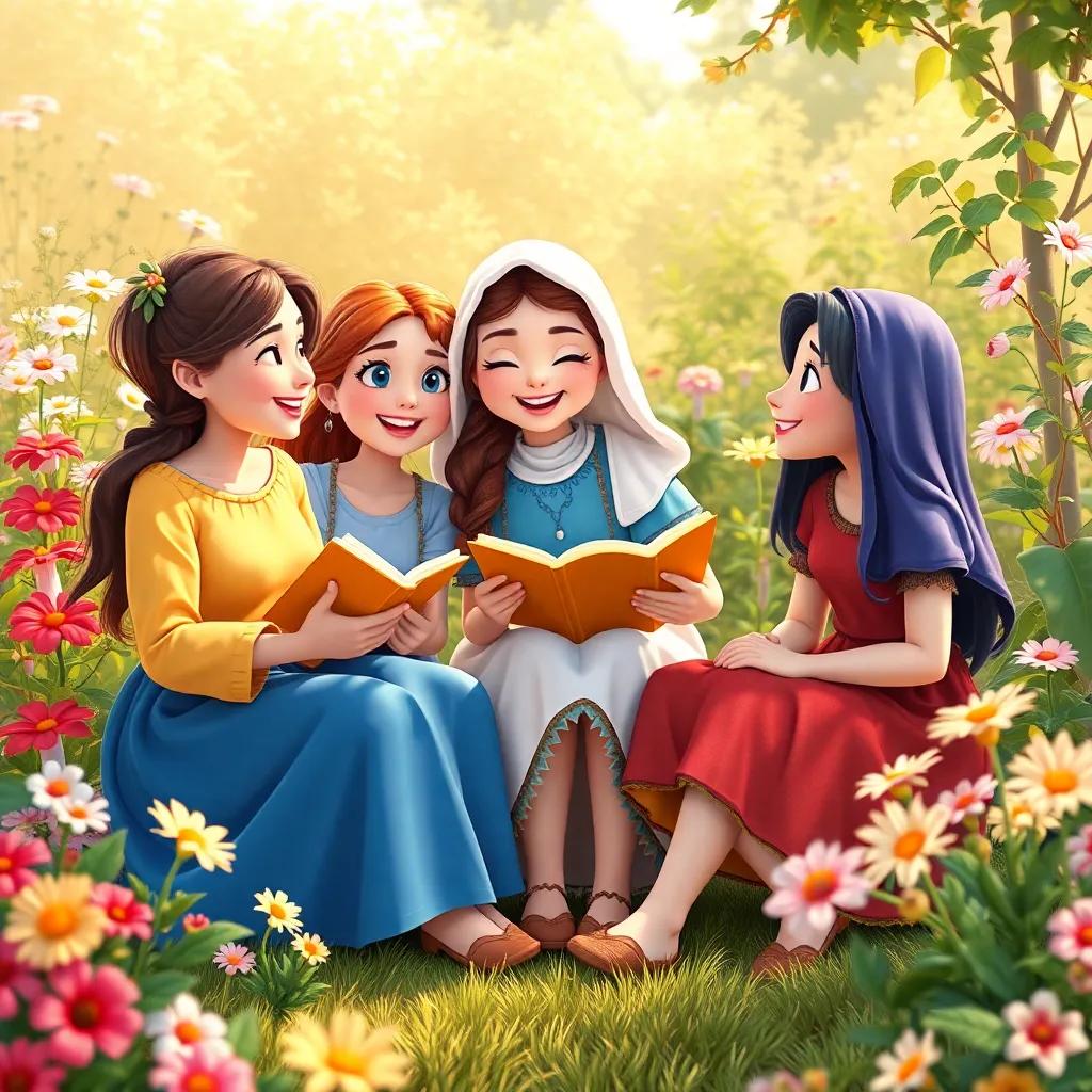 Mary and her friends sitting together in the garden, flowers blooming around them, sharing stories and smiles, a sense of joy filling the air, heartwarming and lively, high quality