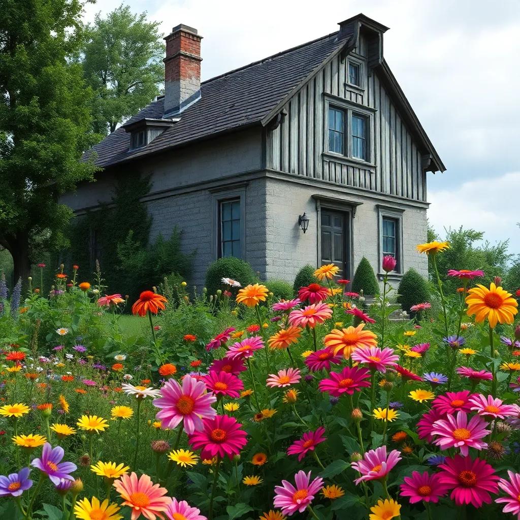 The old house behind the flourishing garden, a contrast of gray against the vibrant flowers, symbolizing transformation and growth, enchanting scenery, high quality