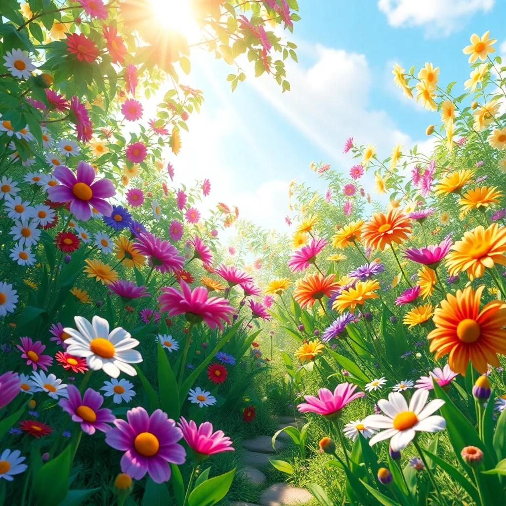 A magical garden in full bloom, filled with life and color, sunbeams lighting up the flowers, symbolizing joy and healing, a whimsical atmosphere, high quality