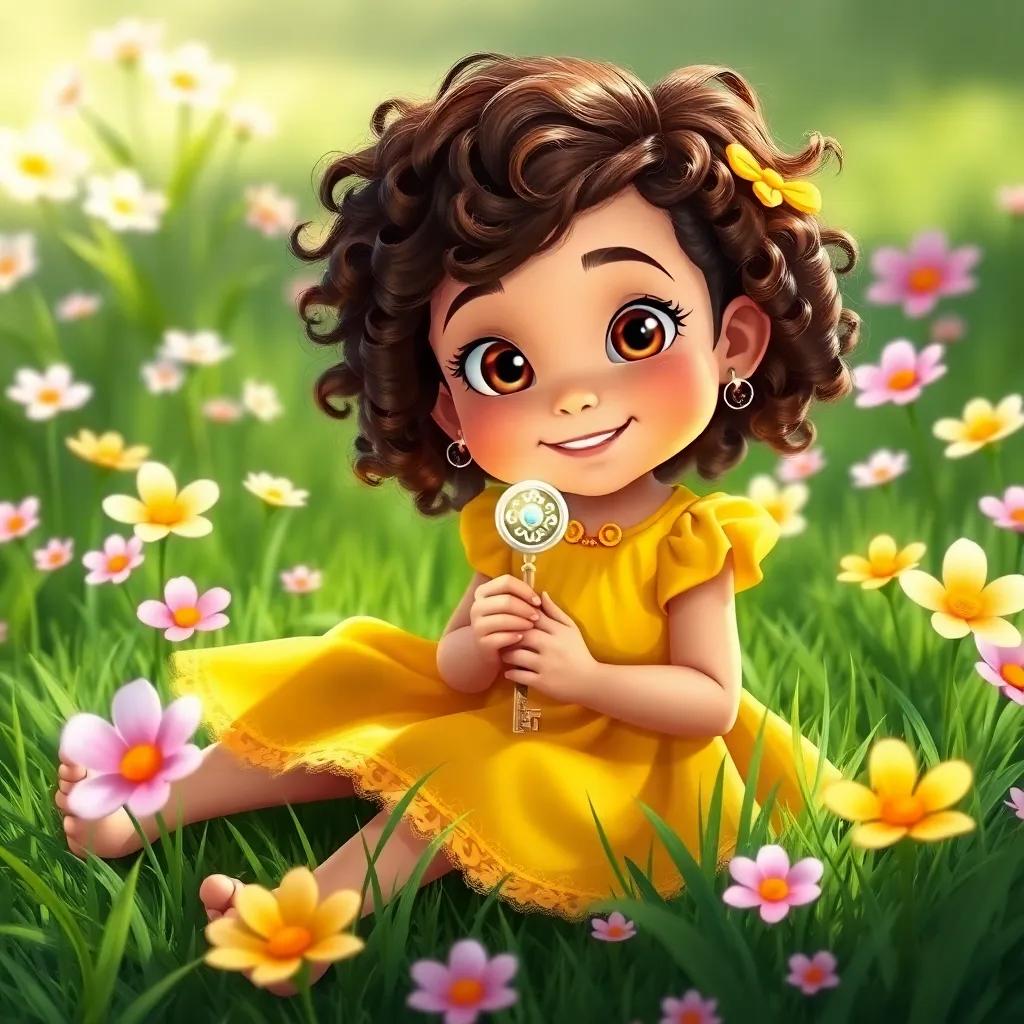 A young girl, Mia, with curly brown hair, wearing a bright yellow dress, sitting on grass with a shiny key in her hand, surrounded by blooming flowers and green grass, sunny day, cheerful atmosphere, child-friendly
