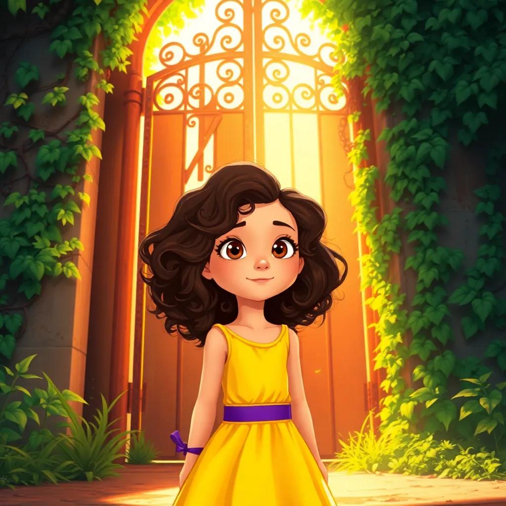 Mia, with curly brown hair and a bright yellow dress, standing in front of a tall, rusty gate covered in vines, sunlight peeking through, mysterious and inviting, illustration, magical vibe, vibrant colors