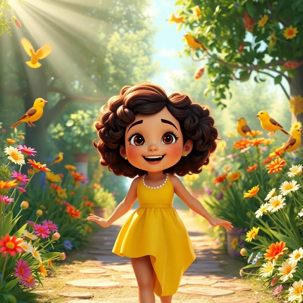 Mia, with curly brown hair, wearing a yellow dress, joyfully entering a magical garden with colorful flowers and chirping birds, bright sunlight shining down, whimsical and radiant, digital art, cheerful