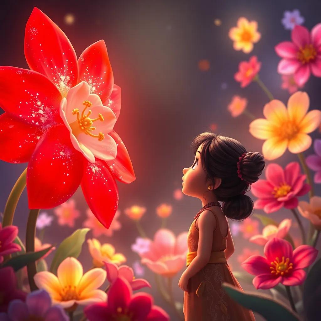 A glowing red flower with sparkling petals, surrounded by other colorful flowers, speaking warmly to Mia, who is listening with wonder, magical atmosphere, heartwarming, detailed digital art