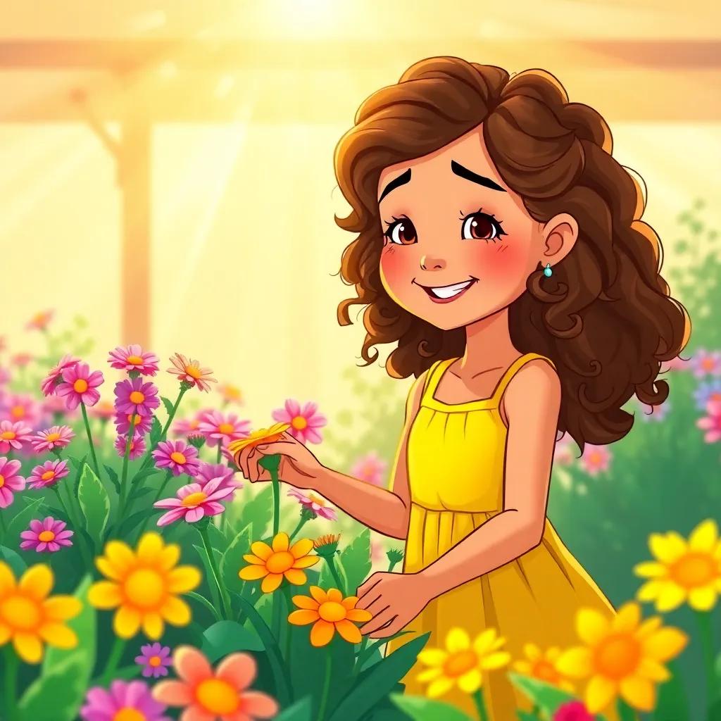 Mia, with curly brown hair in a yellow dress, tending to vibrant flowers, with bright sunlight shining down, feeling happy and alive in the garden, illustration, lively colors, uplifting
