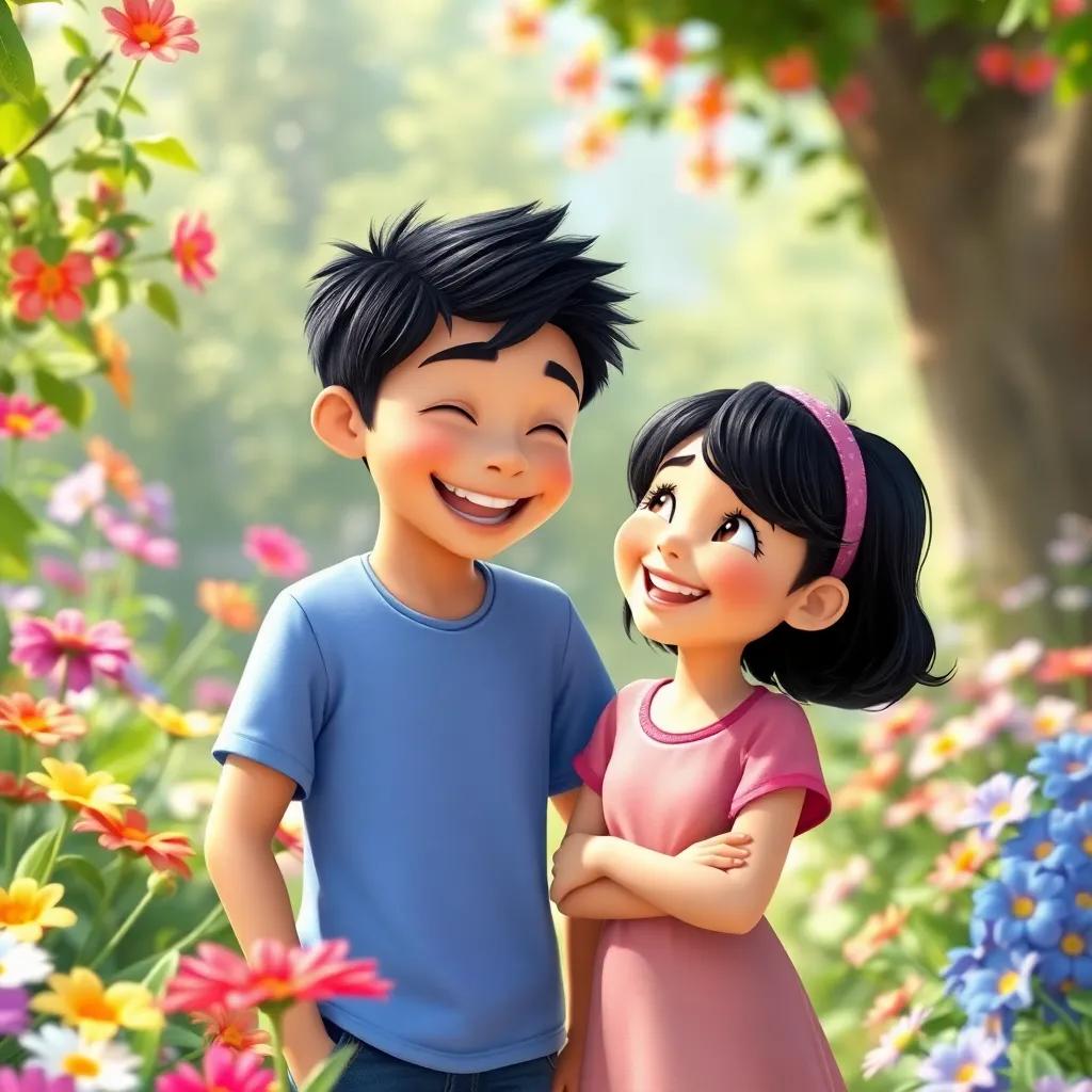 Mia and her friend Leo, a boy with short black hair and a blue t-shirt, standing together in the garden, smiling and laughing, surrounded by colorful flowers, joyful atmosphere, bright and colorful