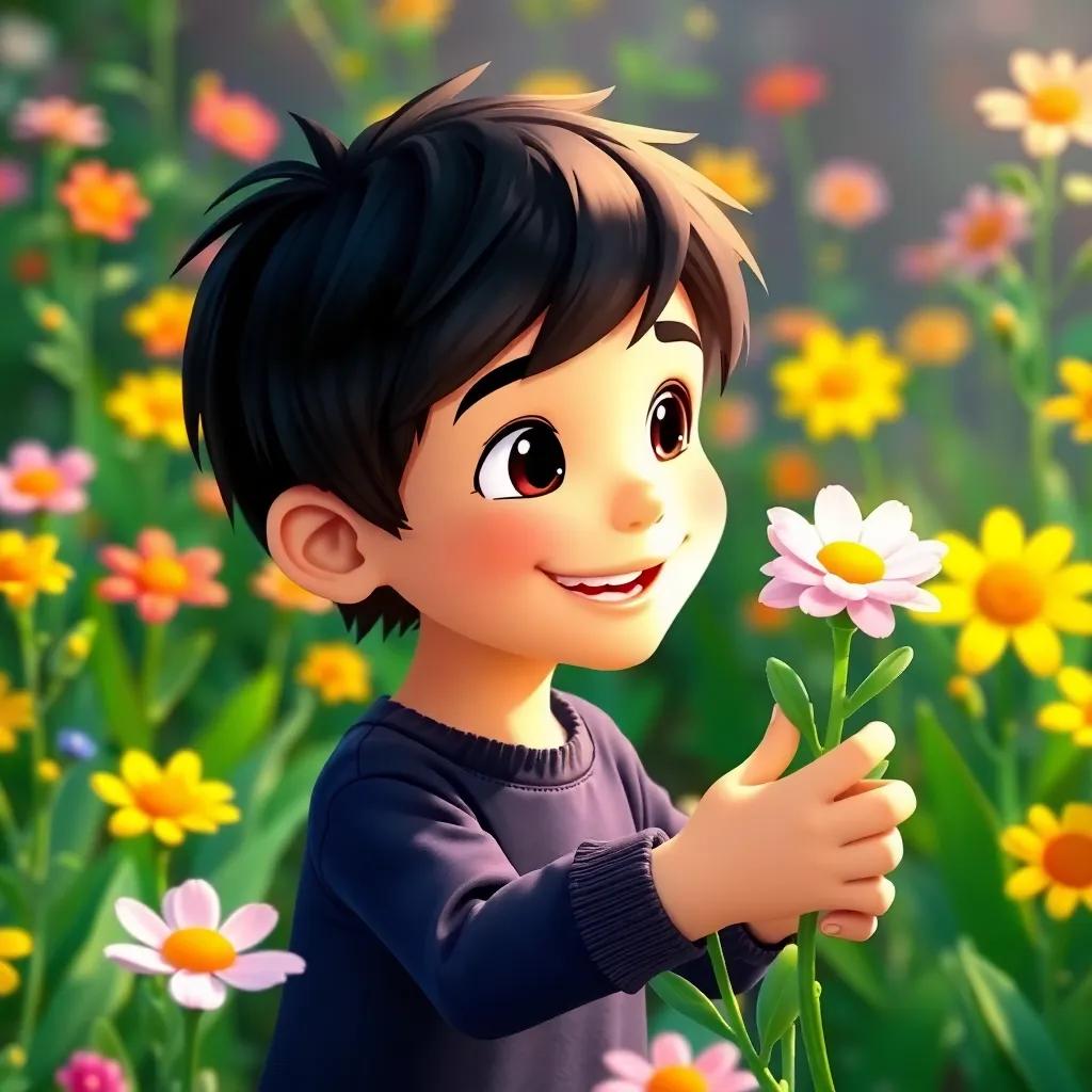 Leo, with short black hair, touching a flower in the garden, surrounded by bright colors and laughing flowers, showing happiness and wonder, whimsical scene, child-friendly