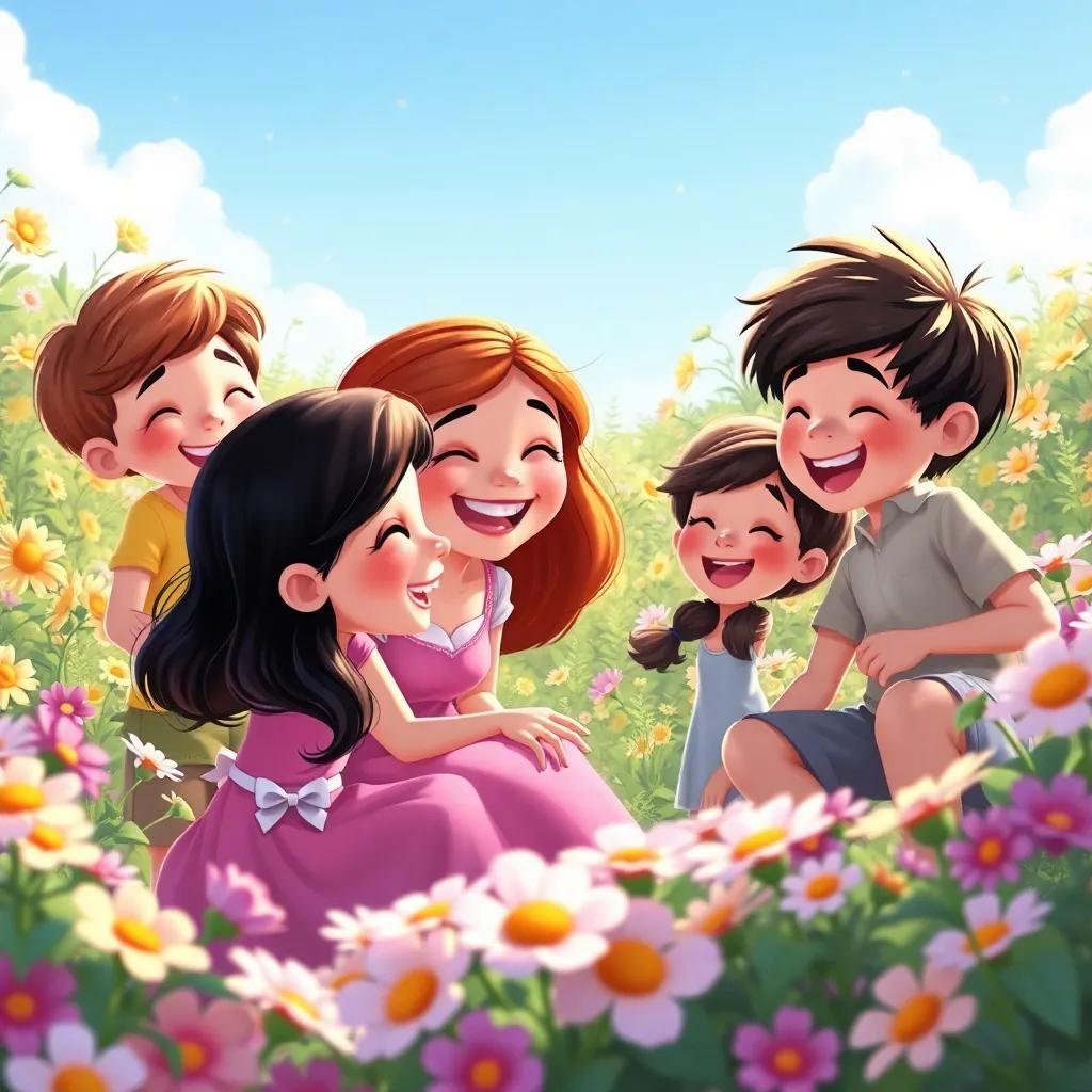 A joyful scene of Mia, Leo, and other children playing in the garden filled with laughter, flowers blooming around them, bright sky, happy atmosphere, loving friendship, colorful digital art
