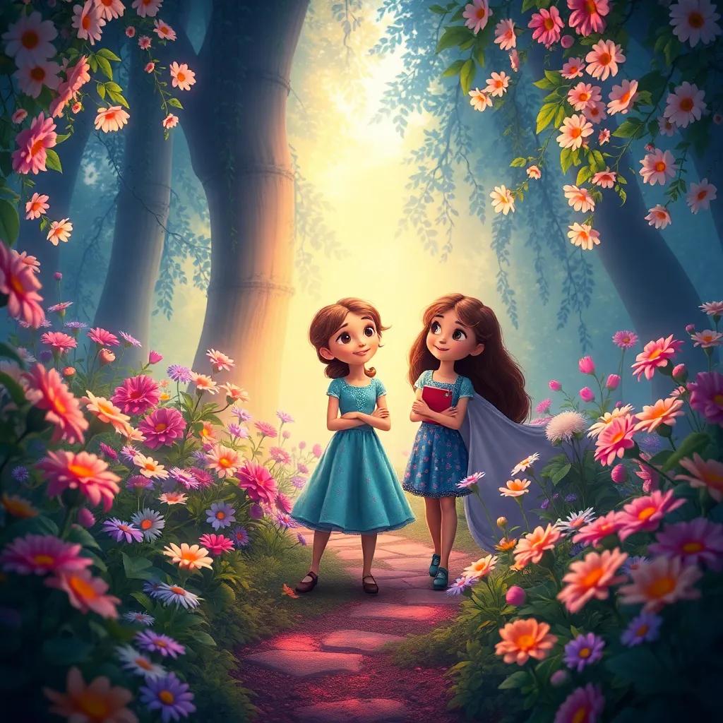A magical scene in the secret garden, showing Mia and her friends with flowers blooming all around, a sense of unity and love in the air, heartwarming, vibrant colors, enchanting atmosphere