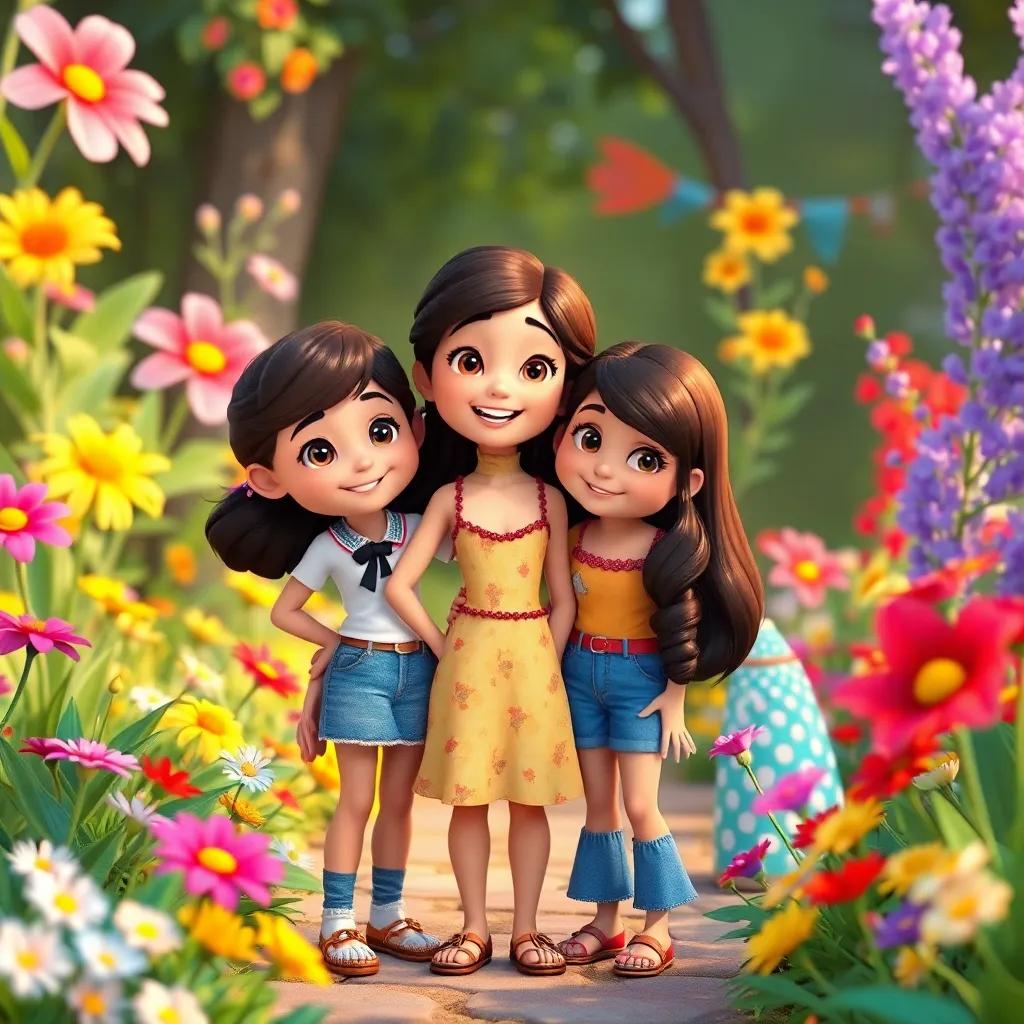 Mia, standing proudly with her friends in the magical garden, surrounded by colorful flowers expressing happiness, a bright future together, cheerful scene, warm lighting, a sense of belonging
