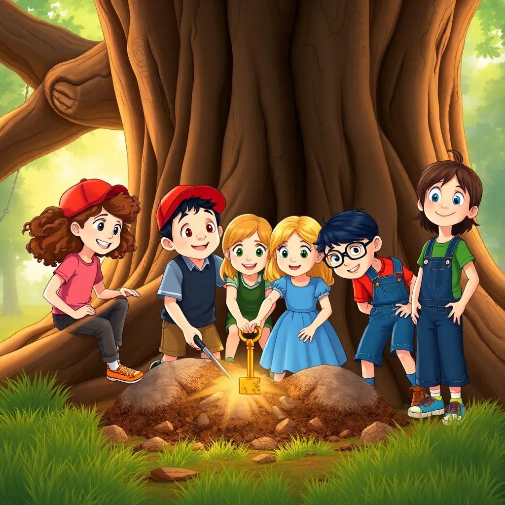 Five children, Mia with curly brown hair wearing a pink t-shirt, Sam with short black hair in a red cap, Emma with long blonde hair in a blue dress, Leo with glasses and a green shirt, and Ava with dark hair and overalls digging excitedly at the base of a large old tree, discovering a shiny key with a sense of wonder, bright and warm light, detailed, adventure-filled scene, high quality