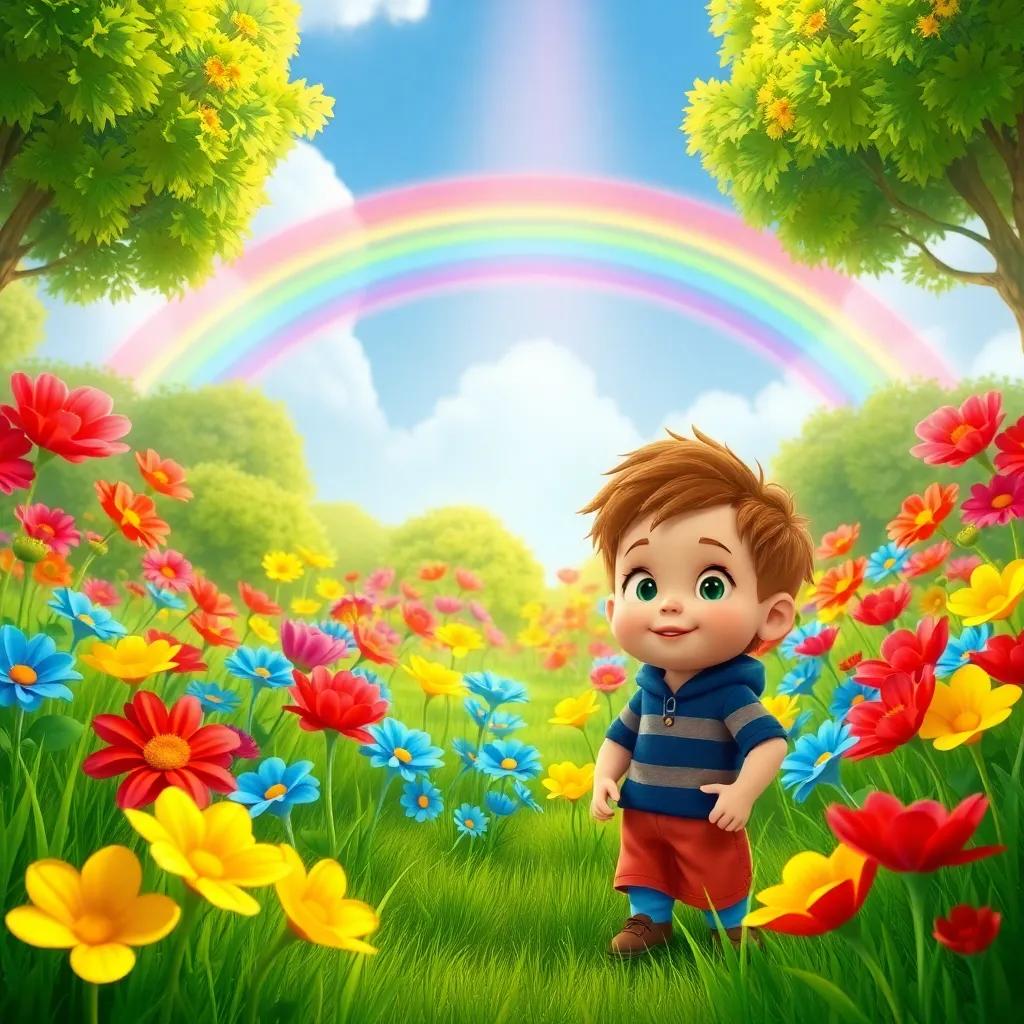 Timmy discovered a magical garden full of brightly colored flowers in red, blue, and yellow, with a stunning rainbow above, surrounded by lush green grass, illustration, vibrant, enchanted scene, child-friendly
