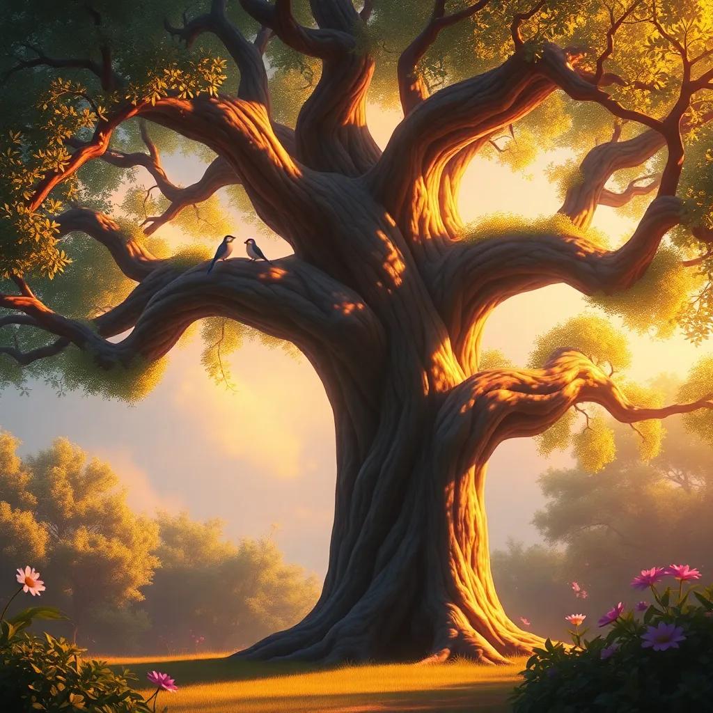 A big, strong tree with a sparkling light in its branches, standing proudly in the middle of the garden, with two small birds perched on its branches, digital painting, warm light, magical ambiance