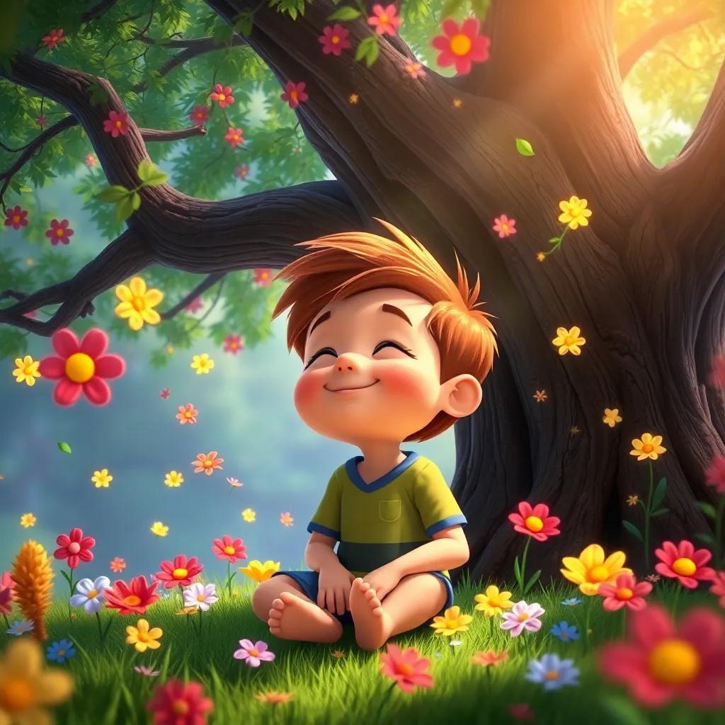 Timmy sitting under the big tree, eyes closed, with colorful flowers swirling around him joyfully, embodying magic and playfulness, digital art, lively colors, joyful atmosphere, high quality