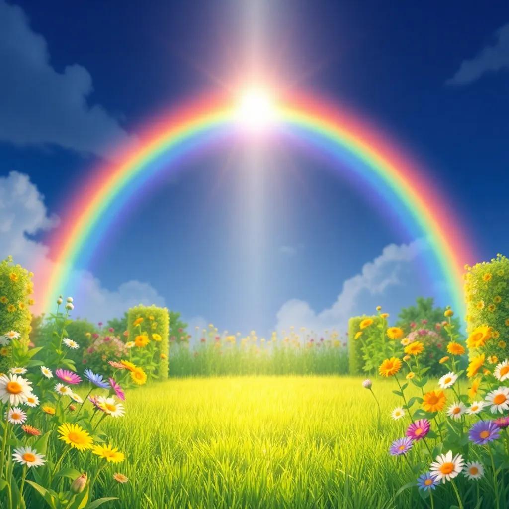 Bright rainbow appearing in the sky after Timmy's wish, shining down on the garden filled with flowers and grass, digital art, vivid colors, uplifting feeling, high quality