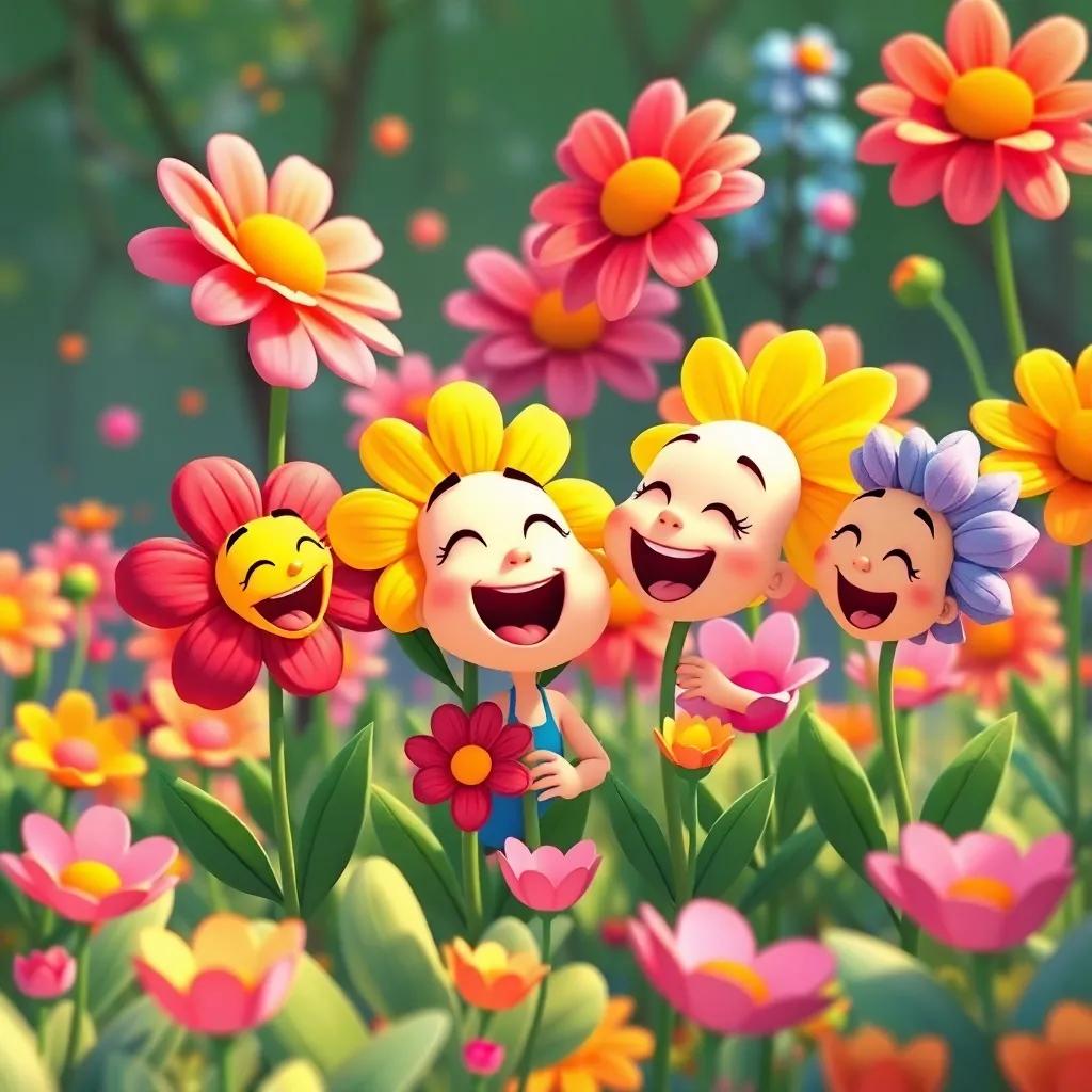 Colorful flowers singing in harmony, with Timmy and his friends laughing and playing together in the garden, surrounded by vibrant petals, illustration, cheerful, fun atmosphere, high quality