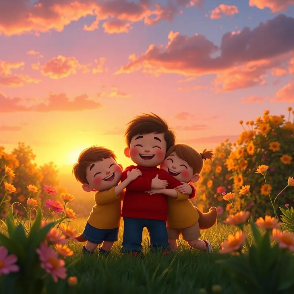 Timmy hugging his friends under the sunset sky, the garden glowing with warm colors, filled with joy and love, digital art, heartwarming, vibrant, happy scene