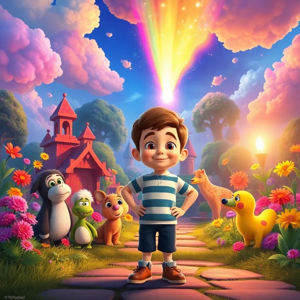 Timmy standing proudly before the magical garden, surrounded by friends, with colorful clouds reflecting the power of imagination, illustration, bright, enchanting, high quality