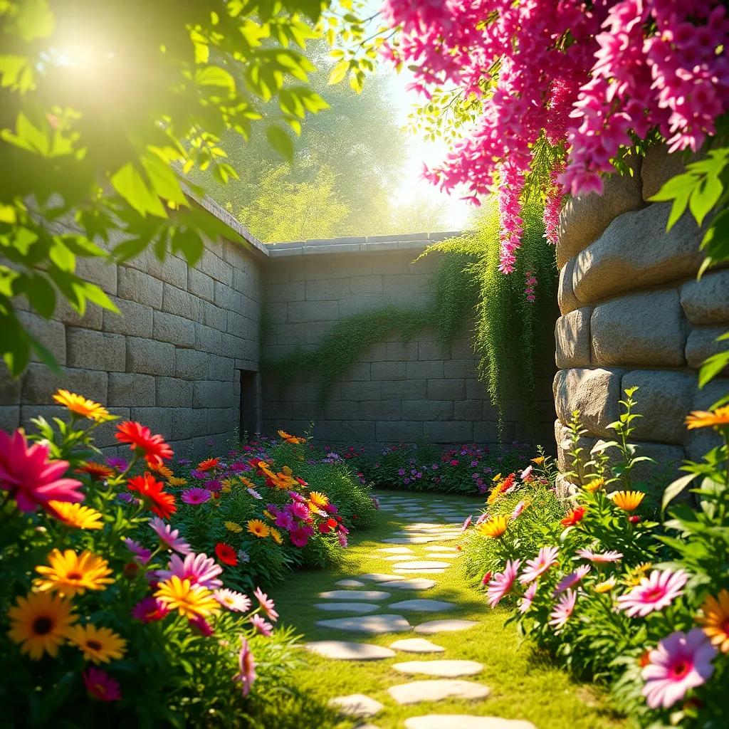 A secret garden hidden behind a tall, ancient wall, colorful flowers blooming, bright sunlight shining through the leaves, digital art, vibrant colors, magical atmosphere, inviting perspective, high quality