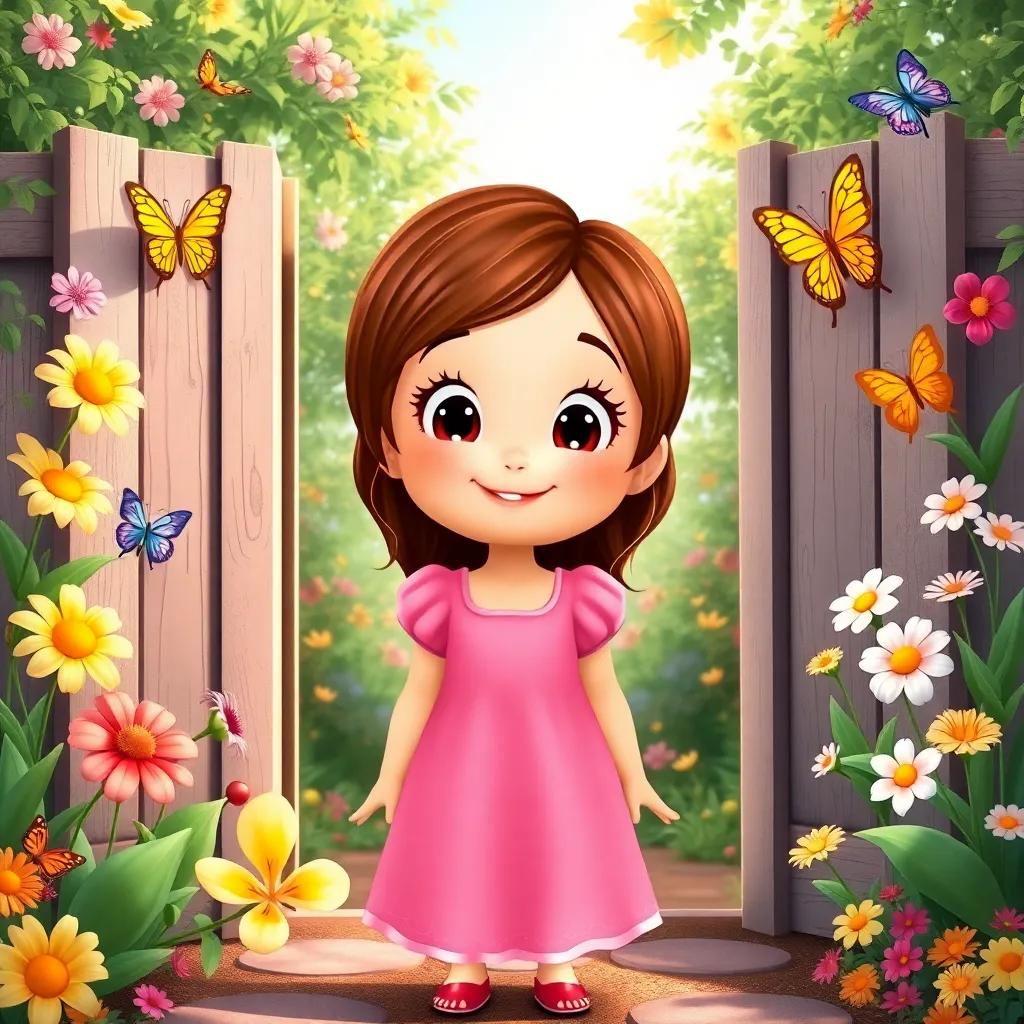Lily, a cheerful girl with brown hair in a pink dress, standing at the open gate of the garden, a look of wonder on her face, surrounded by her friends, bright flowers and butterflies, colorful illustration, joyful scene, child-friendly