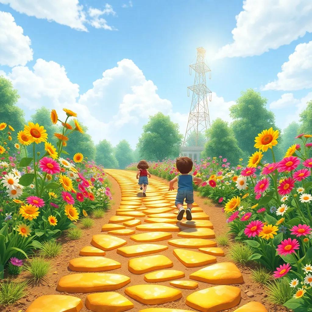 A shimmering path made of golden stones leading into the garden, lined with vibrant flowers, children racing down the path filled with excitement, sunny day, cheerful colors, adventure-themed illustration, high quality