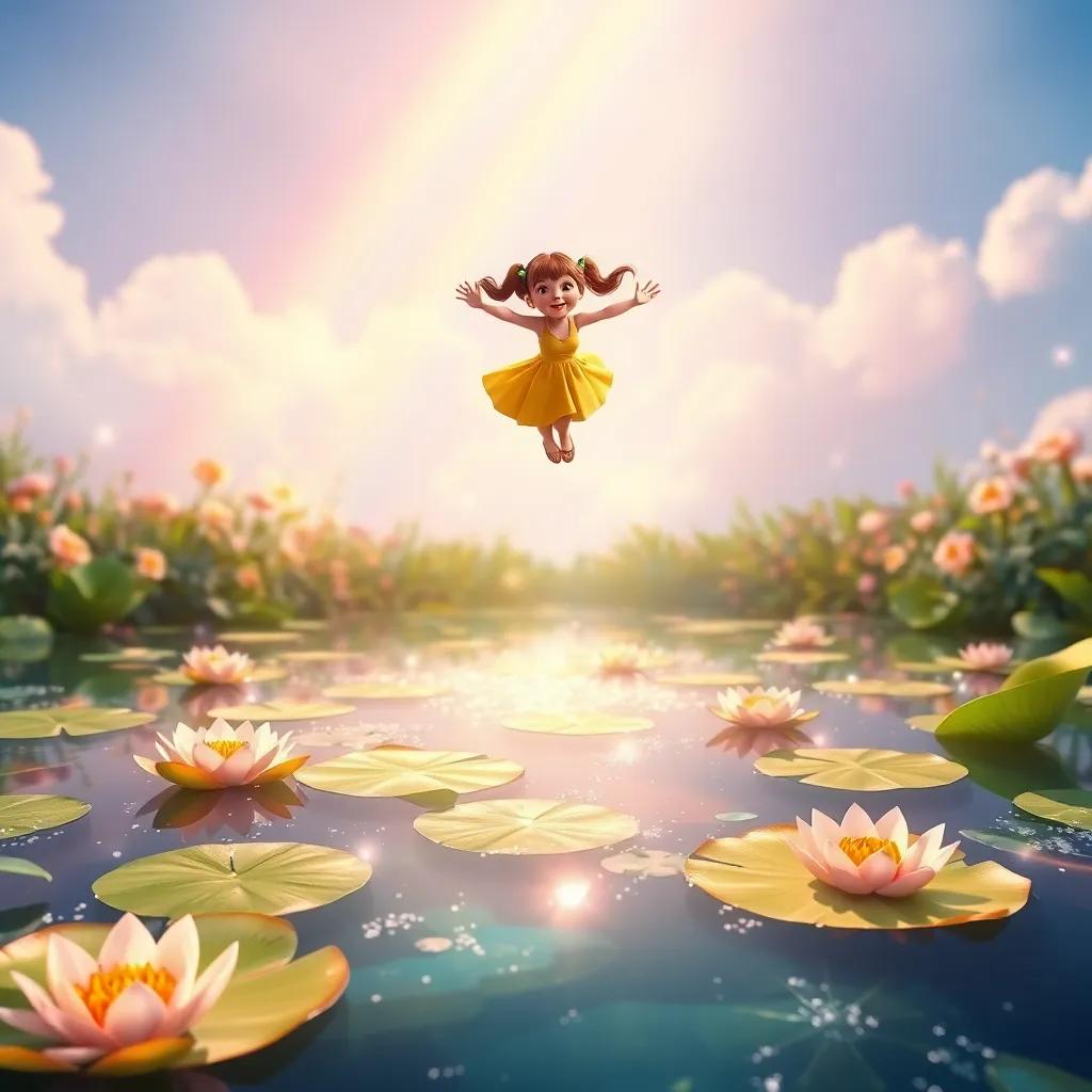 A sparkling pond in the garden, clear water, magical lily pads floating on the surface, Julie with pigtails in a yellow dress flying above, rainbow sky, colorful digital art, whimsical and dreamy atmosphere, high quality
