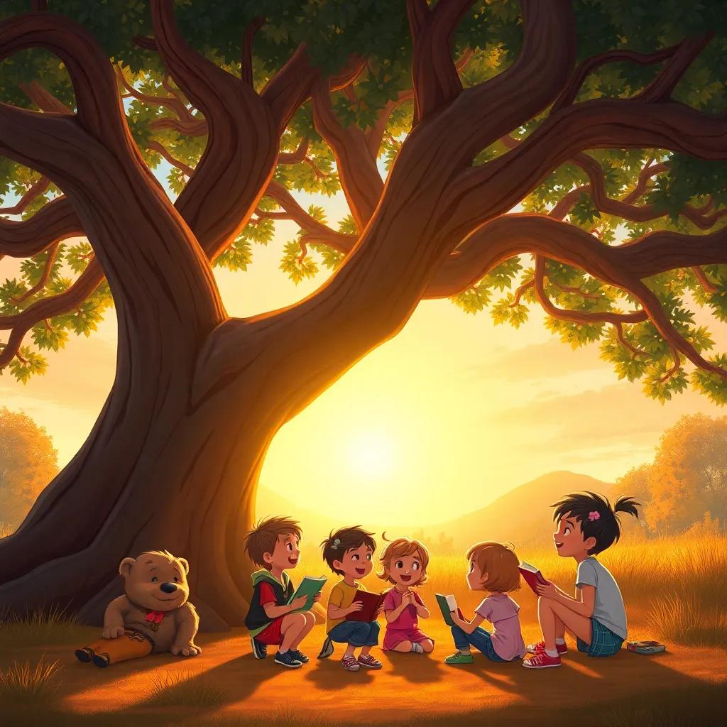 A big, old tree with a wide trunk and stretching branches, children sitting underneath sharing stories, warm golden light of sunset, laughter and joy all around, heartwarming and peaceful scene, high quality