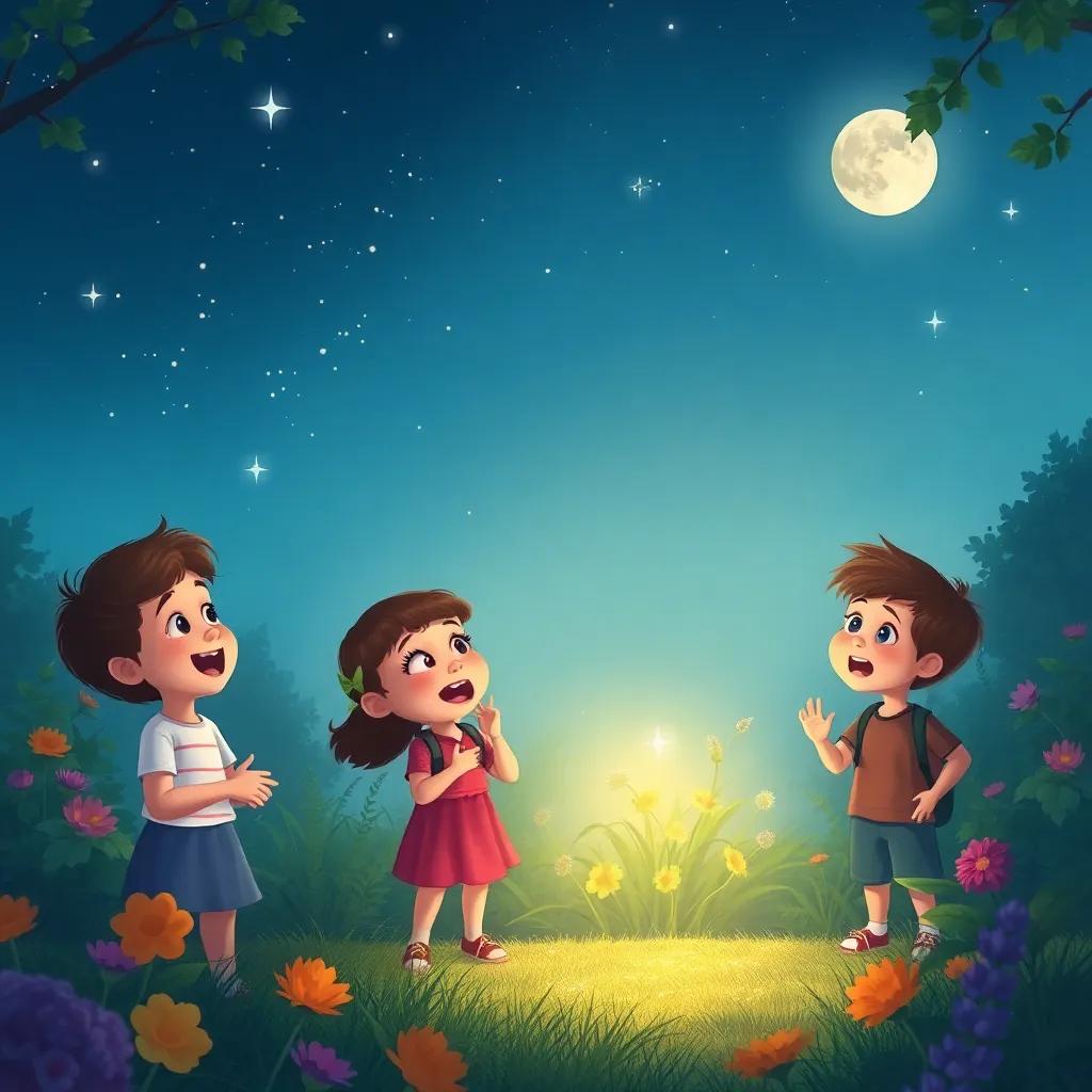 Children talking excitedly about their adventures in the secret garden, stars starting to twinkle in the sky, the garden glowing in moonlight, soft and magical illustration, dreamlike quality, heartwarming