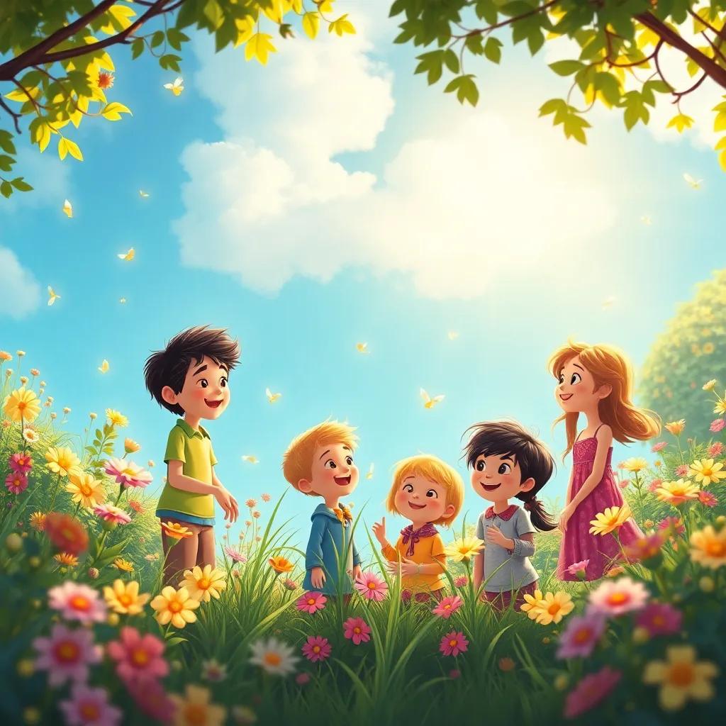 A joyful scene of children gathering in the garden, sharing their dreams and imagination, flowers dancing in the breeze, a feeling of friendship and adventure, bright and cheerful colors, high quality