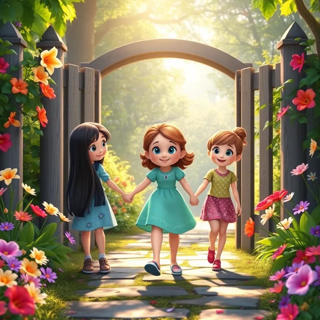 Lily and her friends holding hands, walking back through the garden gate, smiles on their faces, surrounded by colorful flowers and magical elements, sunlight filtering through trees, heartwarming imagery, delightful and inviting