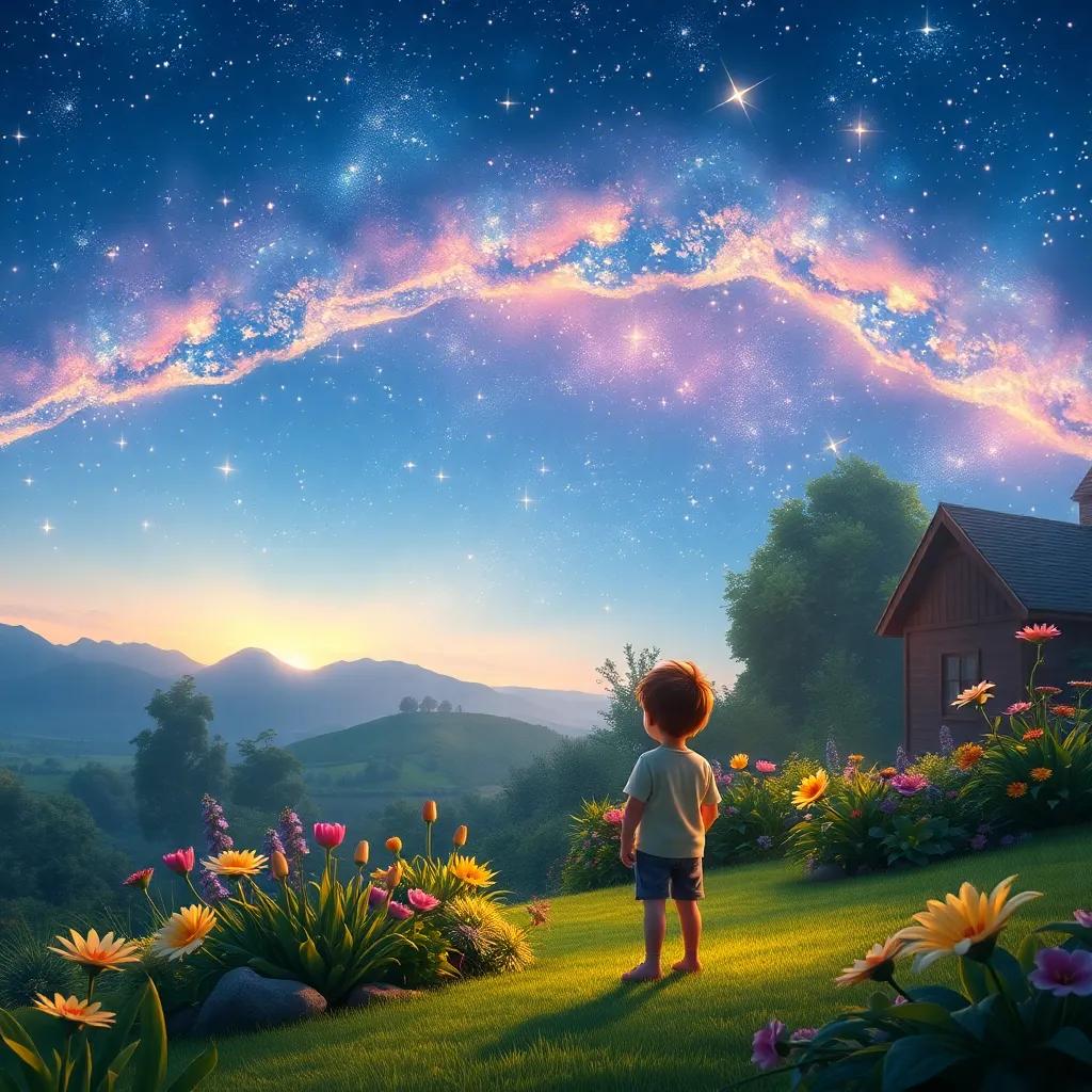 A beautiful view of the garden under the night sky with stars shining, a sense of magic in the air, the children symbolizing wonder, imagination and dreams, radiant colors, enchanting scene, high quality