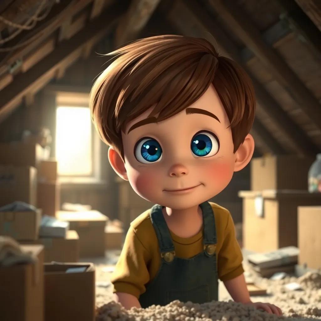 Timmy, a young boy, with short brown hair and bright blue eyes, exploring an old attic filled with dust and boxes, his face full of curiosity, sunlight streaming through a small window.