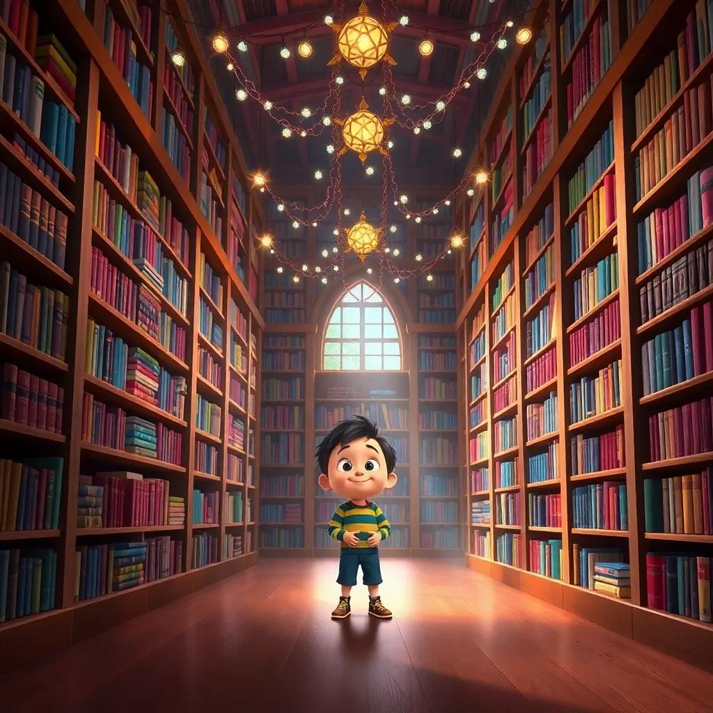 A secret library with colorful books on tall shelves, sparkling lights hanging from the ceiling, Timmy amazed, standing in the middle of the room, digital art, vibrant and inviting atmosphere.