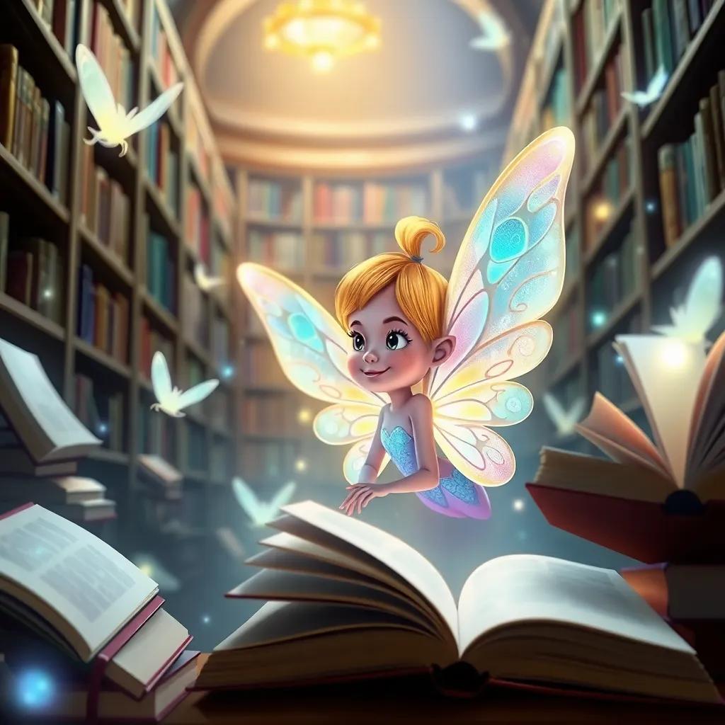 Lila, a tiny fairy with iridescent wings, glowing softly, smiling at Timmy in the library, surrounded by floating, open books, whimsical and enchanting, bright colors, magical lighting.