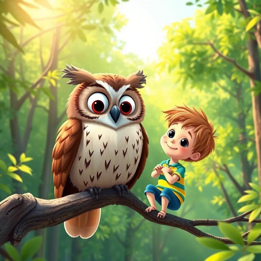 Timmy with a wise old owl, sitting on a branch in a lush green forest, the owl with big round eyes and feathers, teaching Timmy about friendship, cheerful mood, colorful, bright sunshine.