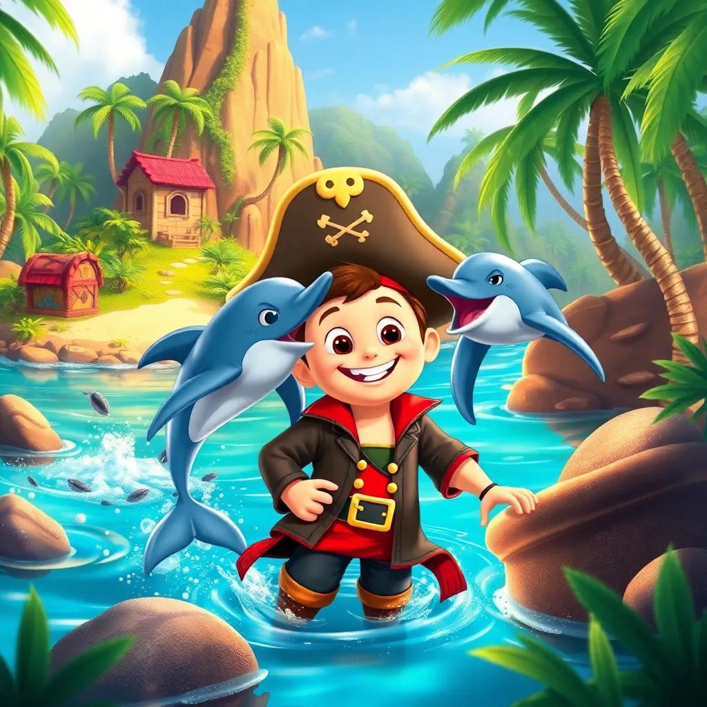 Timmy dressed as a pirate, with a playful dolphin jumping beside him near a treasure island, colorful jungle around, sparkling waters, lively scene, illustrating teamwork and fun.