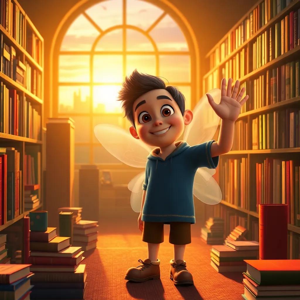 A sunset in the library with colorful books around, Timmy waving goodbye to Lila, the fairy with a bright smile, golden light filling the room, warm and nostalgic atmosphere.