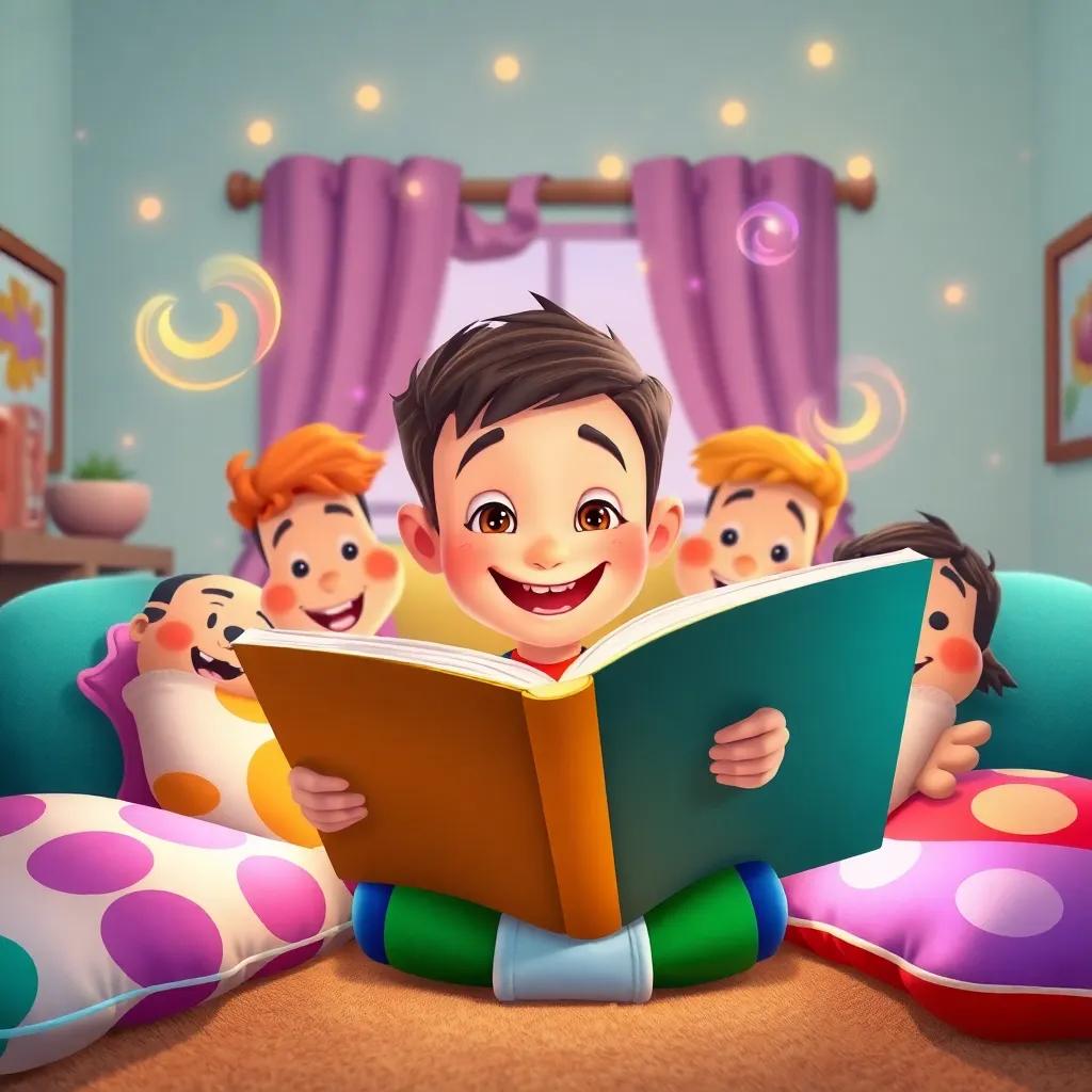 Timmy reading a big book at home, surrounded by his friends, everyone with big smiles, colorful pillows, and magical swirls in the air, cheerful, inviting scene.