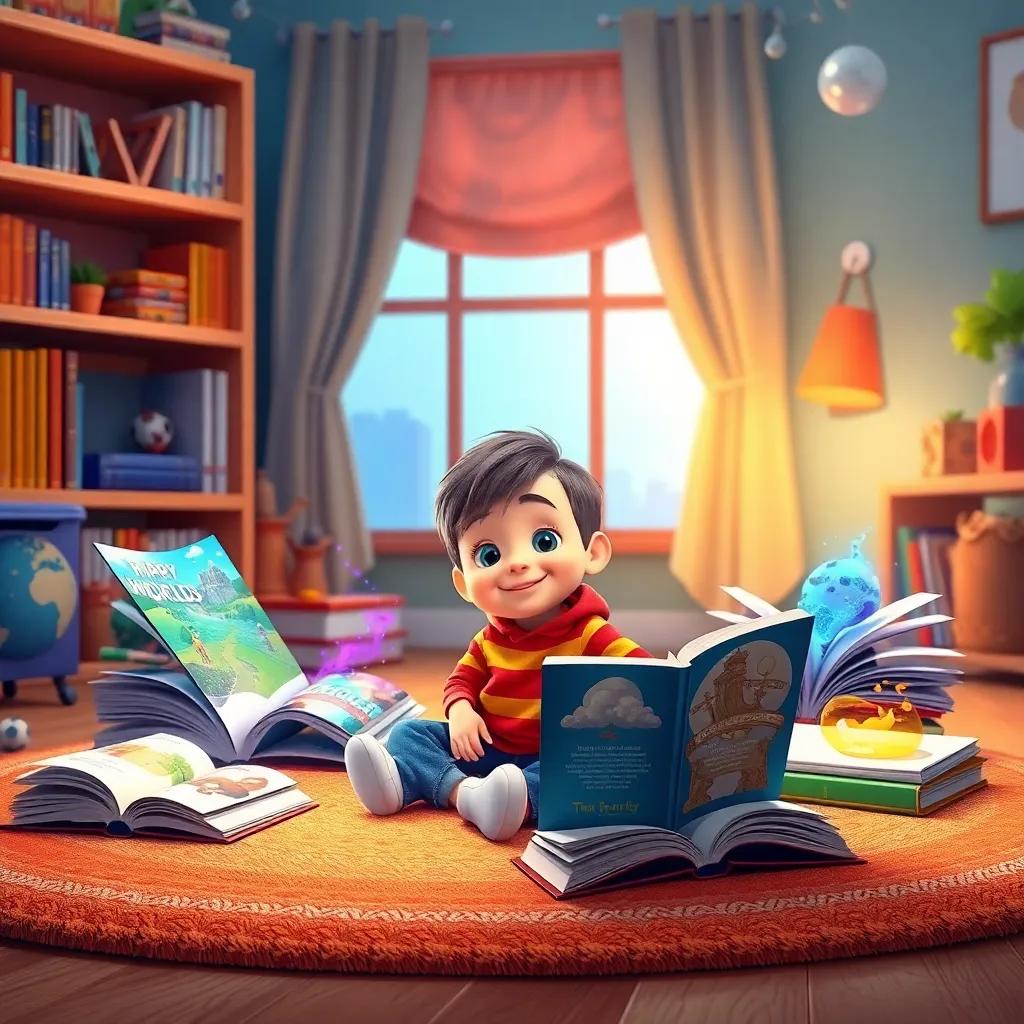 Timmy sitting on a carpet at home, surrounded by books, exploring different worlds through pages, bright colors, happy and imaginative atmosphere, child-friendly.